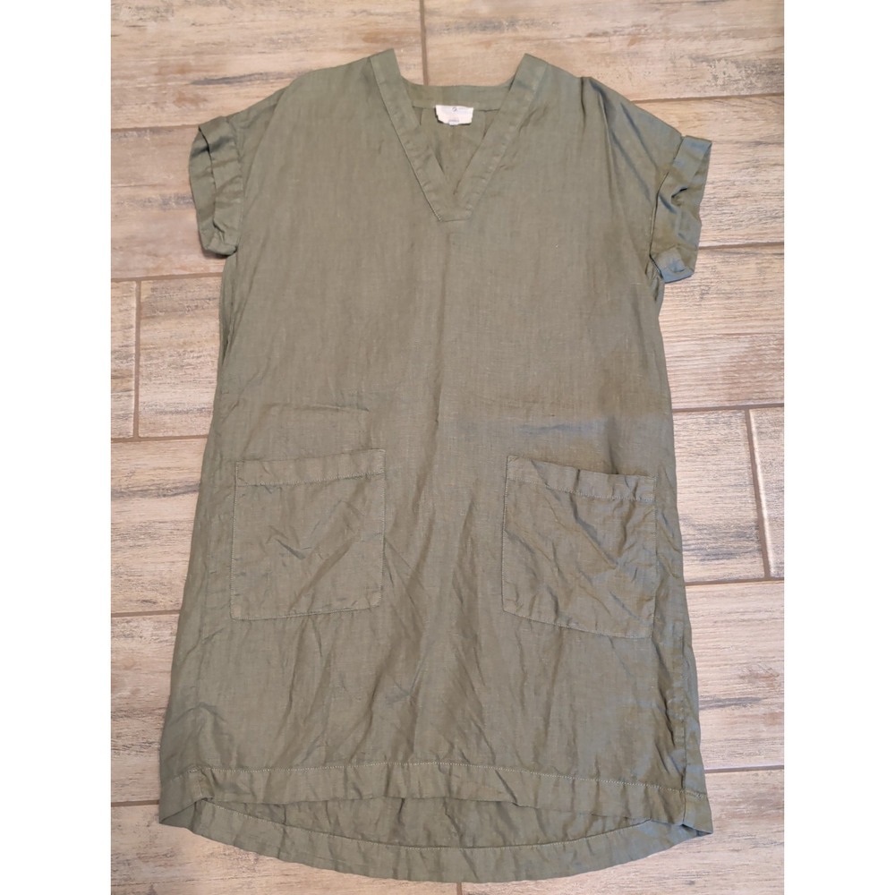 Lou & Grey Olive Green 100% Linen V-Neck Shift Dress with Pockets Womens M